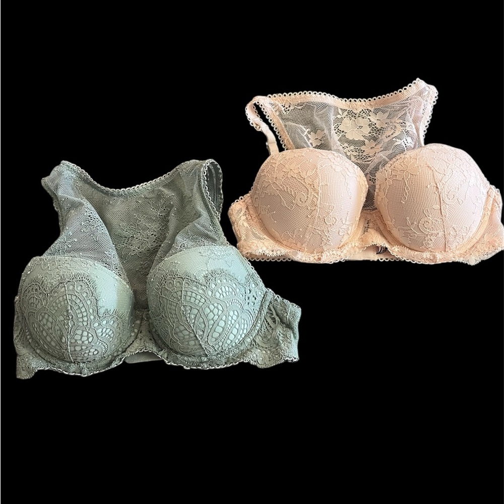 Lot Set 2 Victoria’s Secret Dream Angels High Neck Lace Bra 32C Sage Green Nude